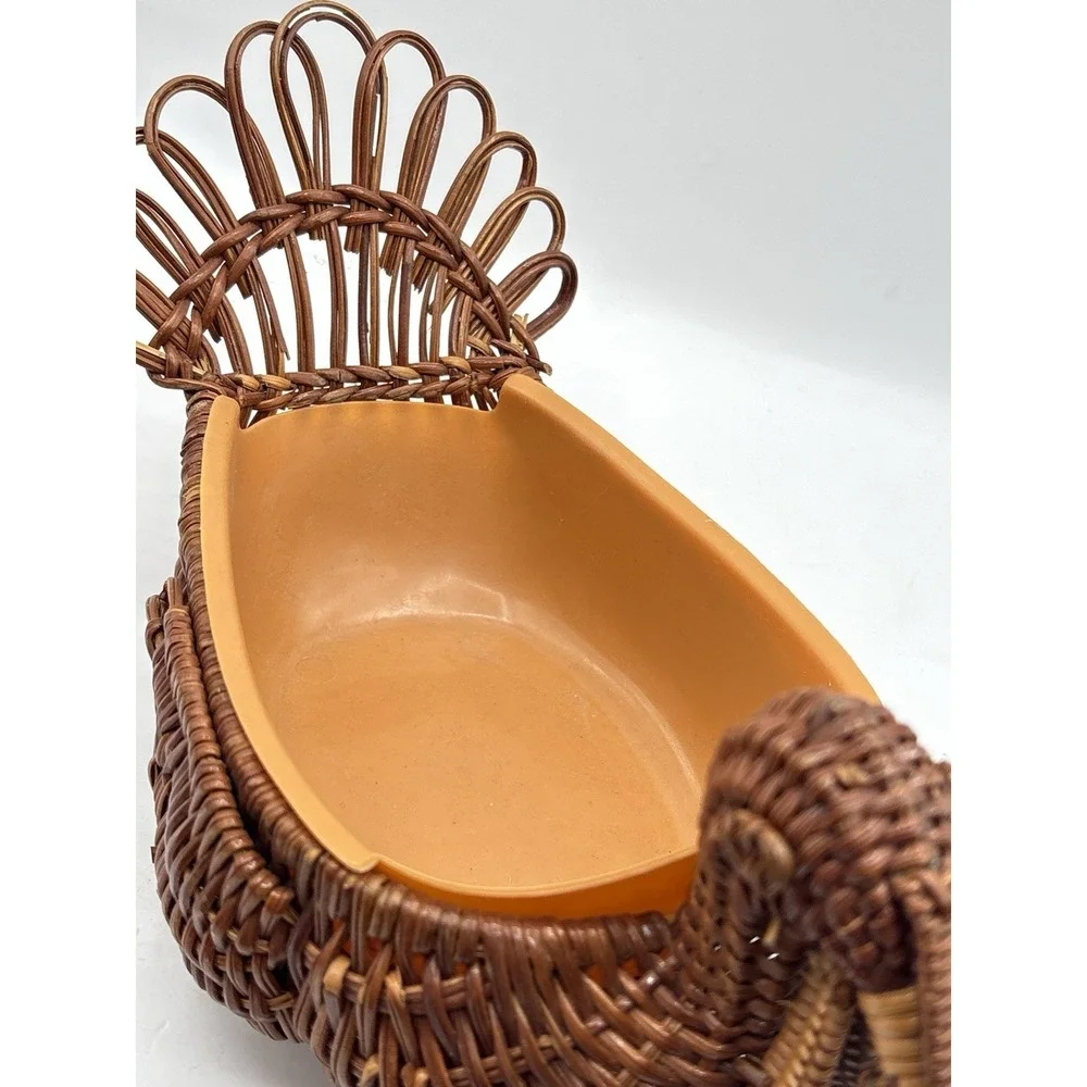 Vintage Woven Wicker Turkey Basket With Plastic Liner Bird Bread Basket